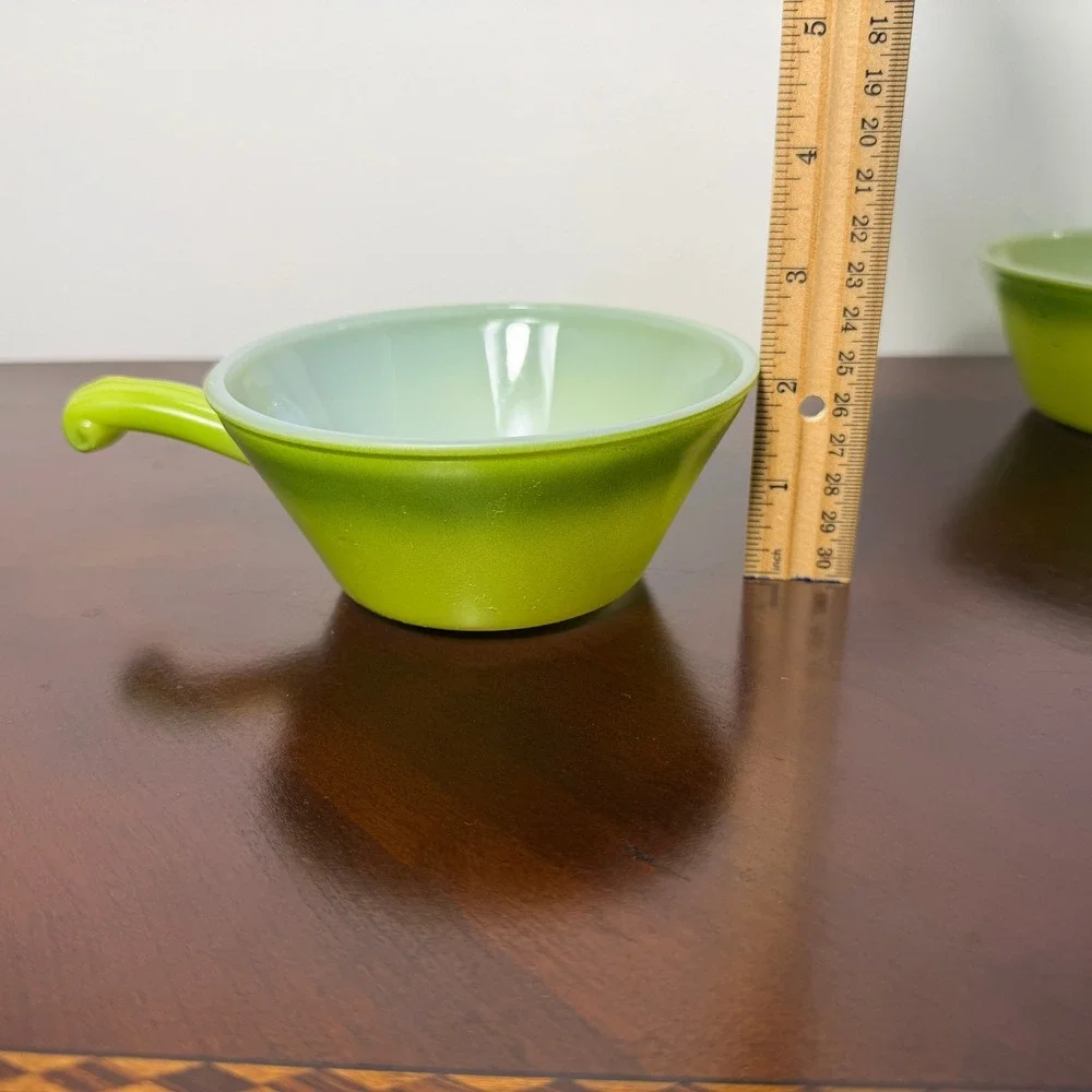 Vintage Fire King Green Ombre Handled Soup Bowls Set of 2 1960s Anchor Hocking